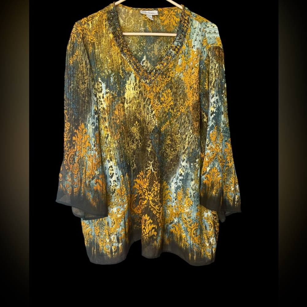 Dressbarn Gold Sheer Graphic 3/4 Sleeve Blouse Size 2X